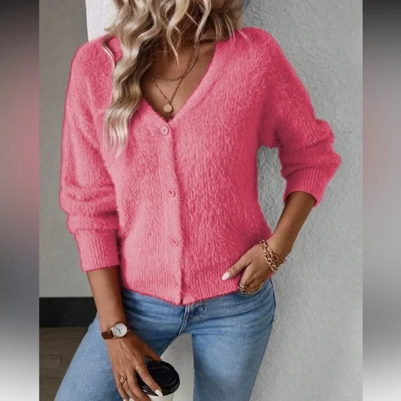Women's Fuzzy Watermelon Pink Cardigan Sweater